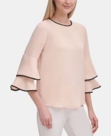 Calvin Klein Contrast-Trim Bell-Sleeve Blouse   Reviews - Tops - Women - Macy s at Macys